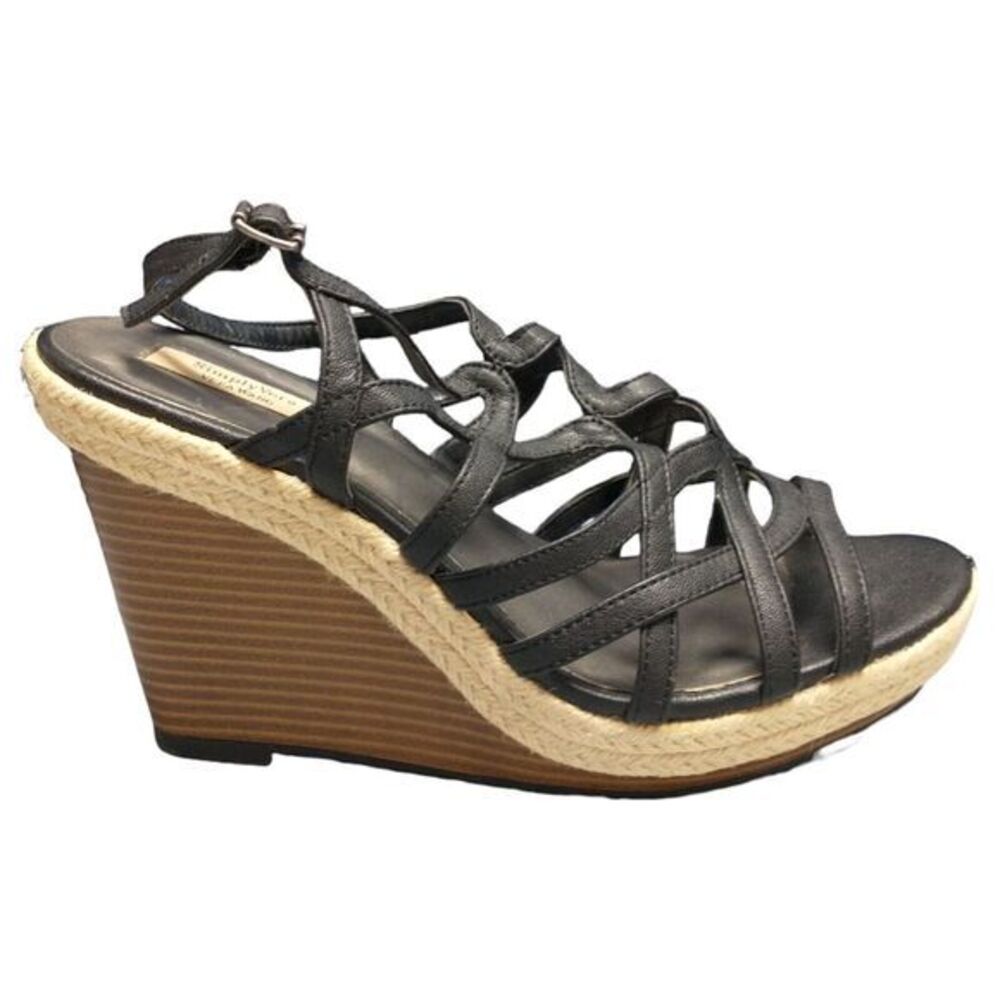 Vera Wang Strappy Sandals Womens Size 8.5 Black Wedge Heels Rope Trim Buckle